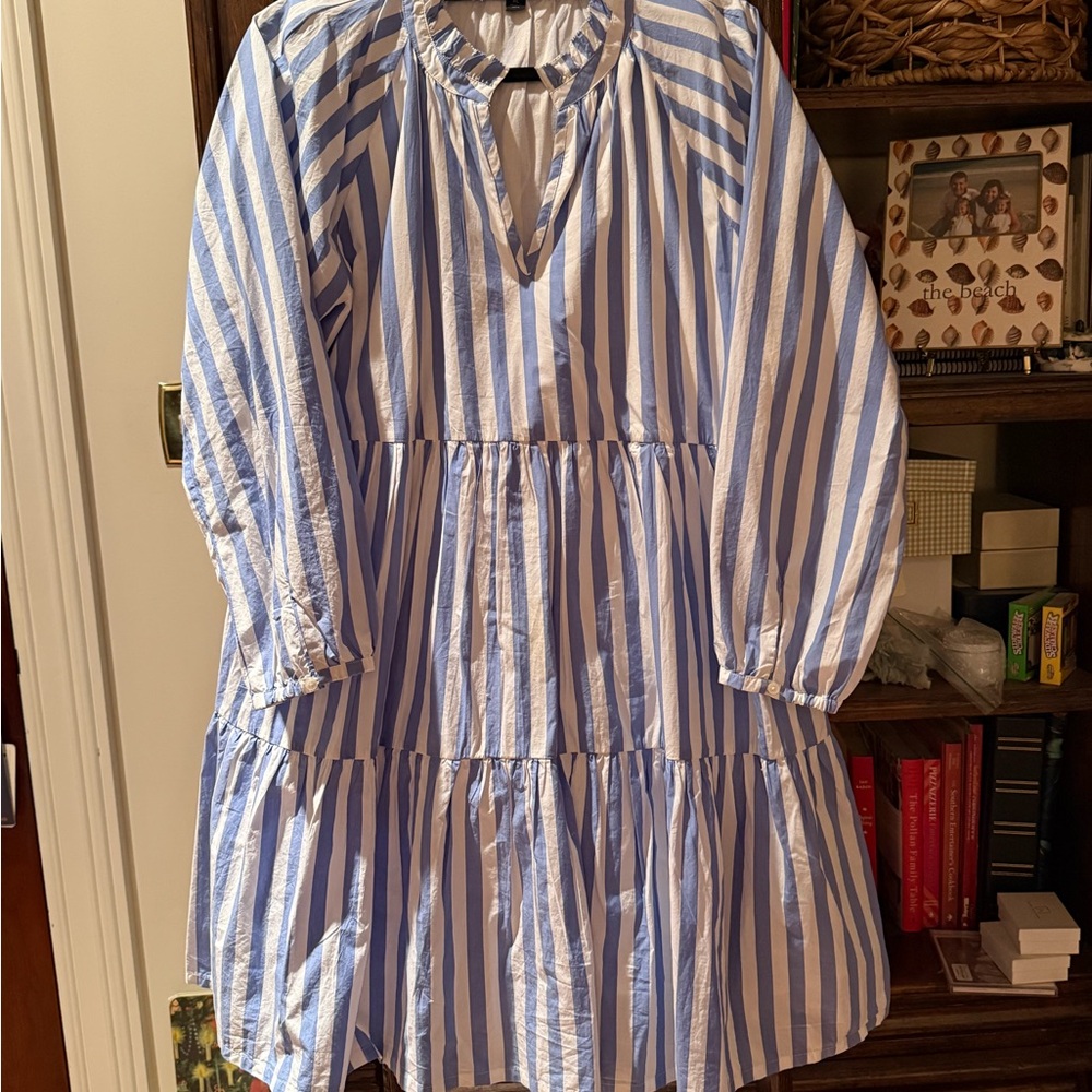 J. Crew Blue and White Tiered Mini dress with long sleeves